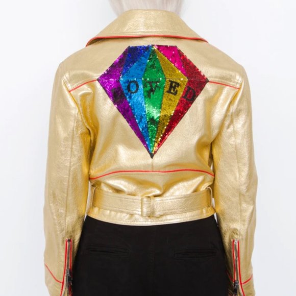 $7990 New Gucci Leather and Sequin Belt Runway Moto “LOVED” Jacket. - Picture 4 of 14